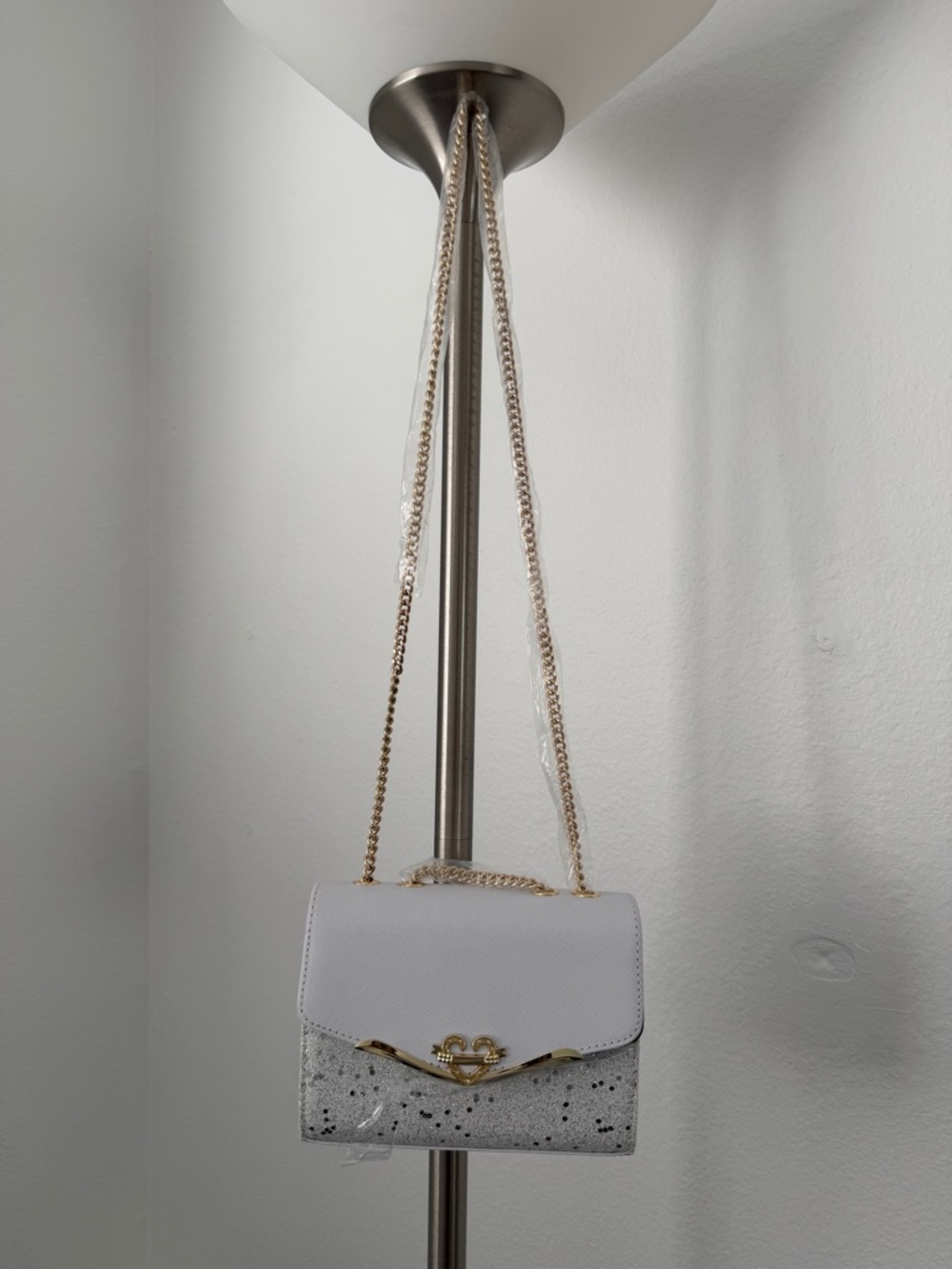 White and Silver Glitter Crossbody Bag with Gold Chain